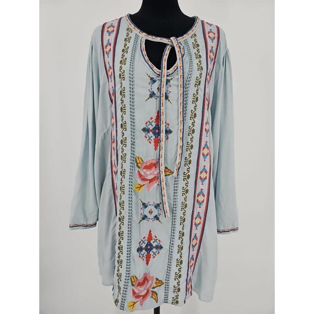 Andree By Unit Plus Size 2X Embroidered 3/4 Sleeve Tunic‎ Top Blue